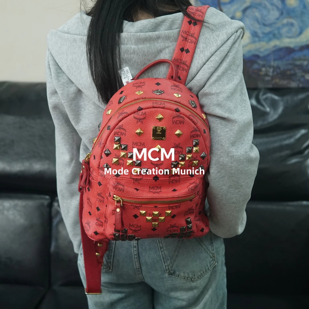 95新 MCM 红色双肩包/WJ10715038/5038