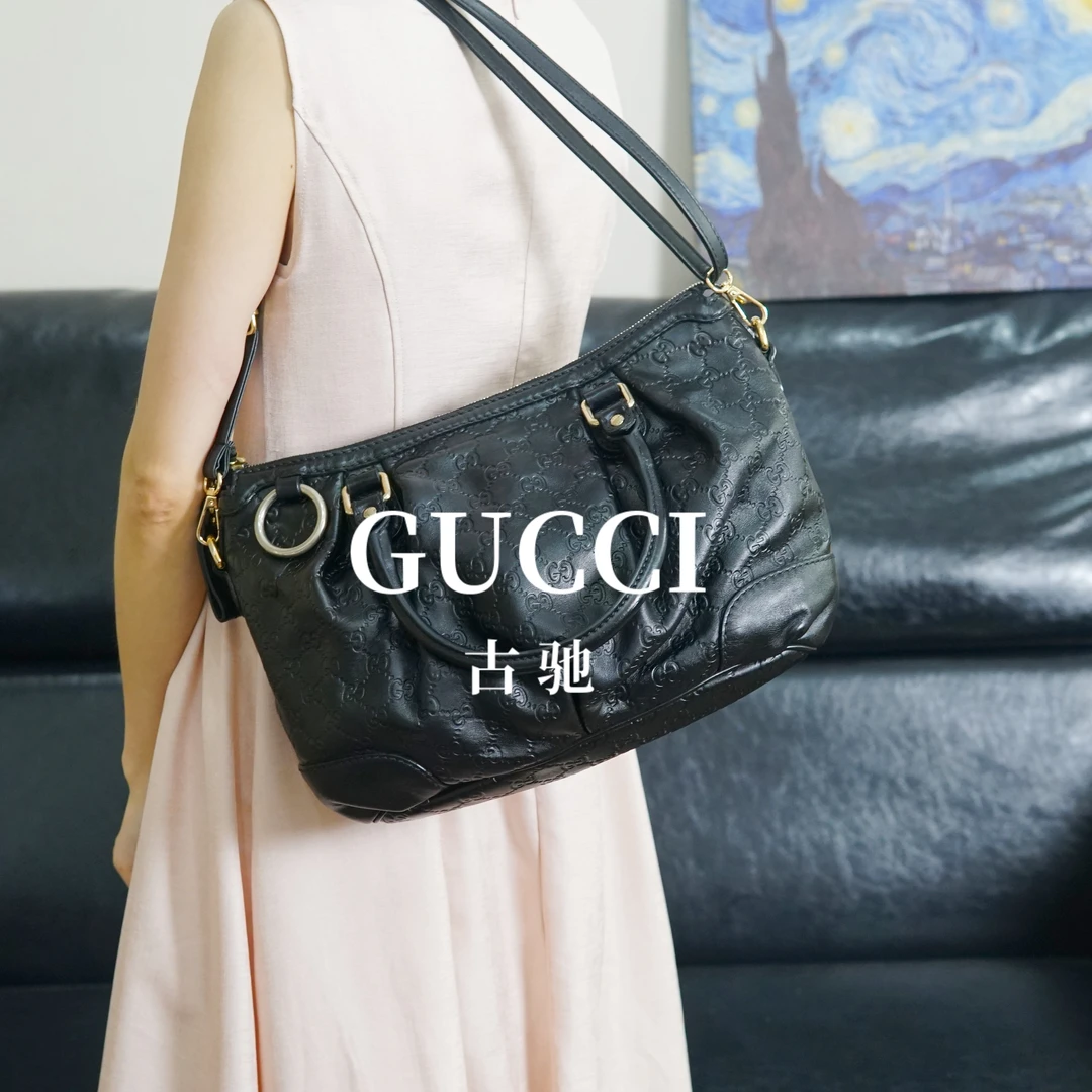 95新 GUCCI/古驰 黑色压纹单肩包/BC09503504/3504