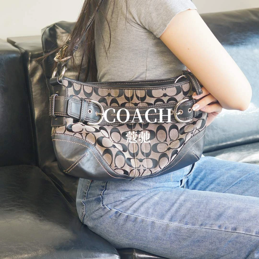 95新 COACH/蔻驰 黑色老花单肩腋下包/JJ06219333/9333