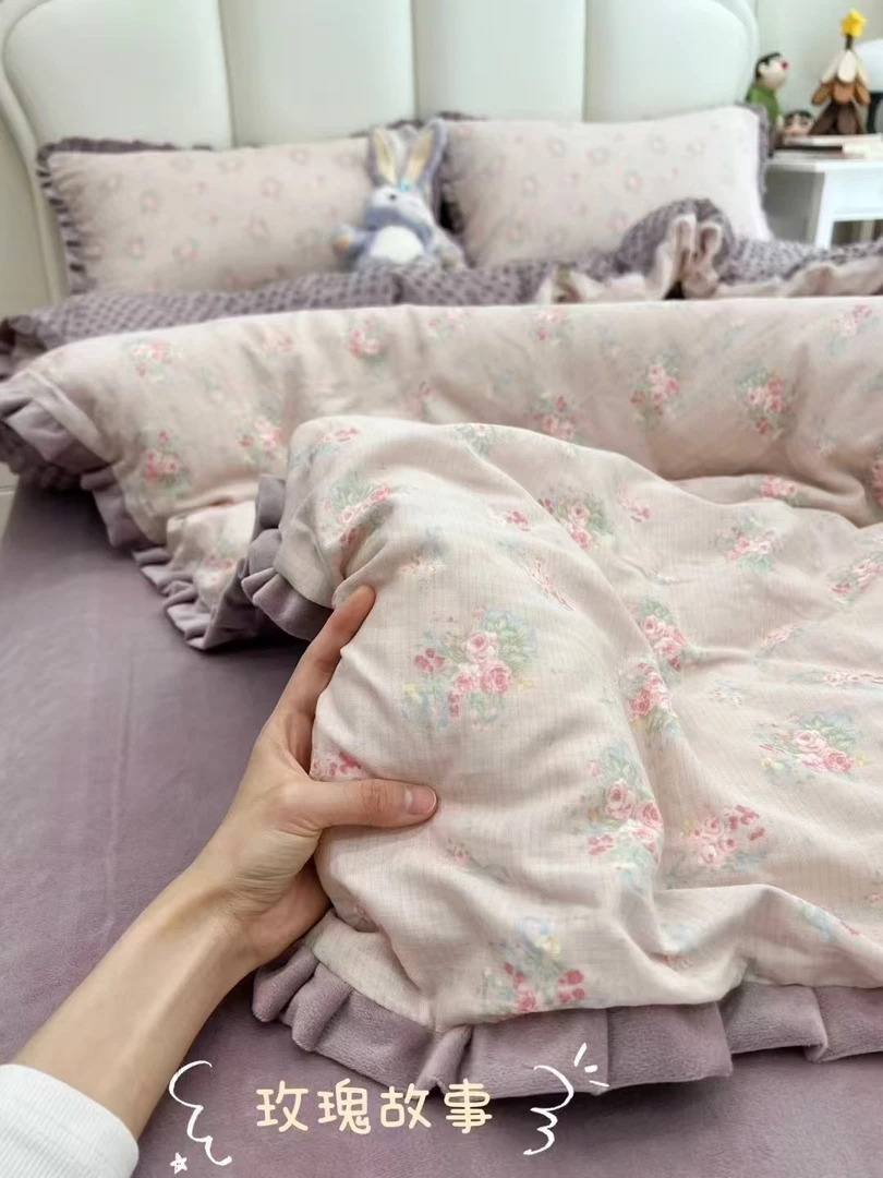 重工花边工艺款棉加绒四件套 一面A类母婴双层纱单面绒 保暖套件