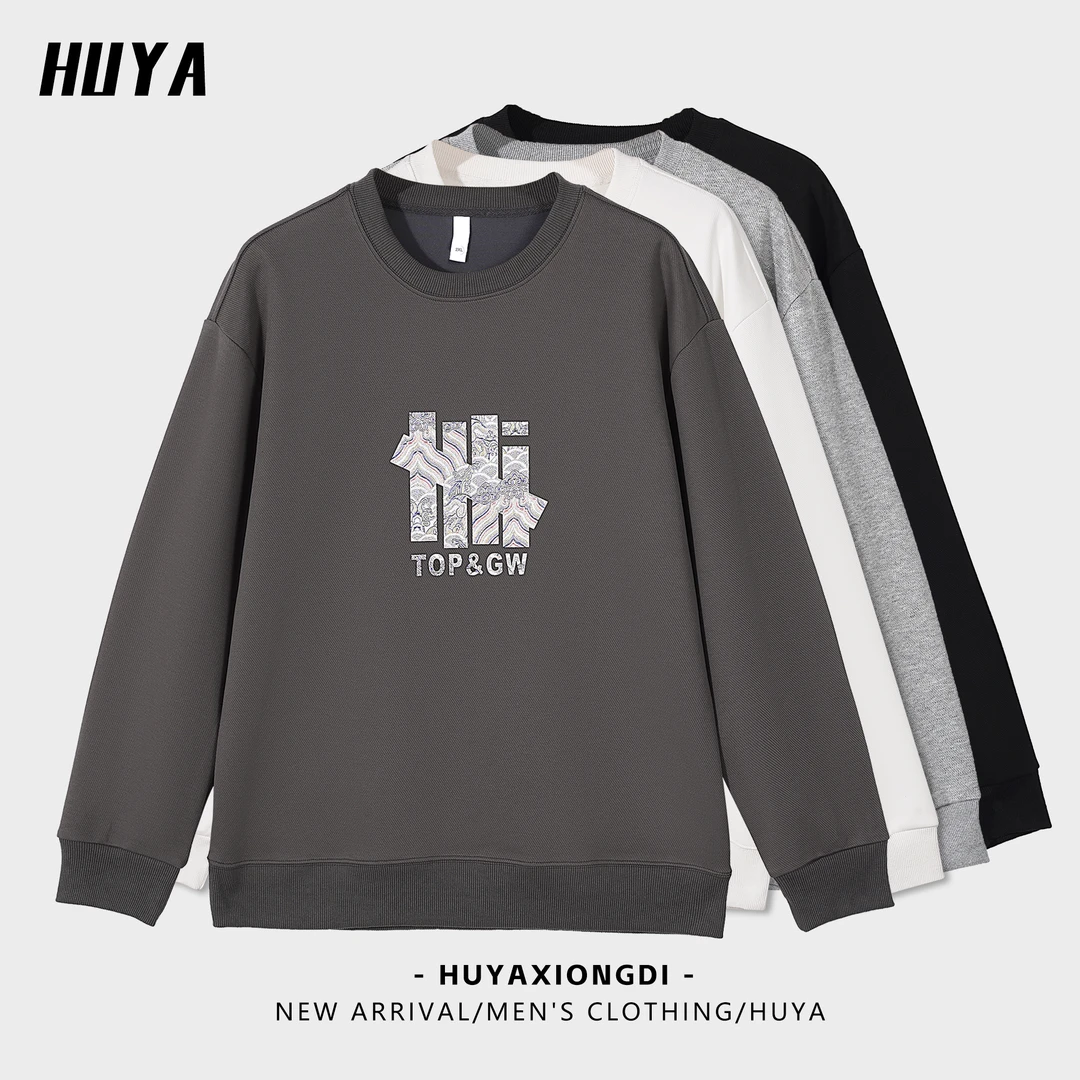 HUYA秋季通勤时尚百搭印花斜纹创世棉图案镭射圆领男士卫衣ZZ3325