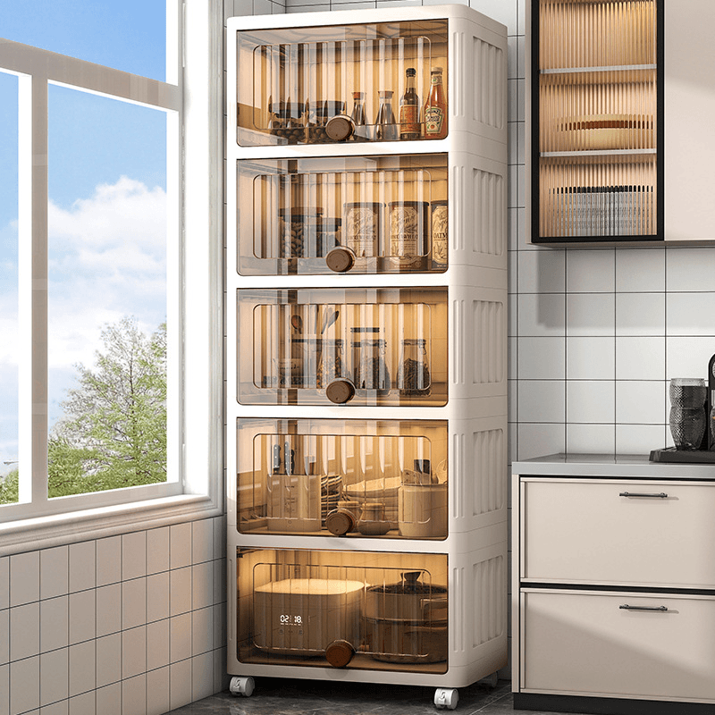 江越厨房带门储物柜落地多层零食置物架大容量可移动翻盖收纳柜子