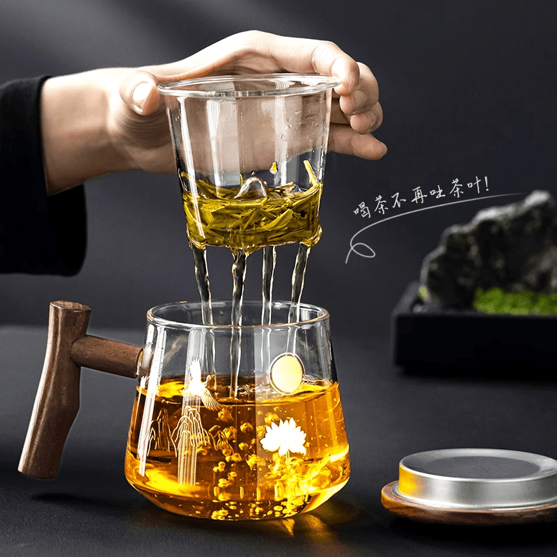 江越泡茶杯大容量侧把可加热煮茶器木把手带茶漏高硼硅玻璃泡茶杯