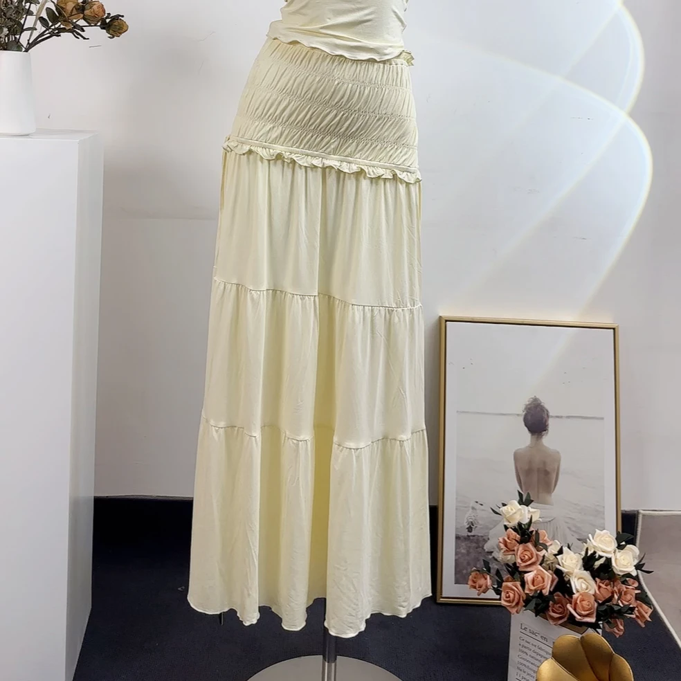 法式小众设计感度假性感女神气质甜美显腰身木耳边抽褶绑带半身裙