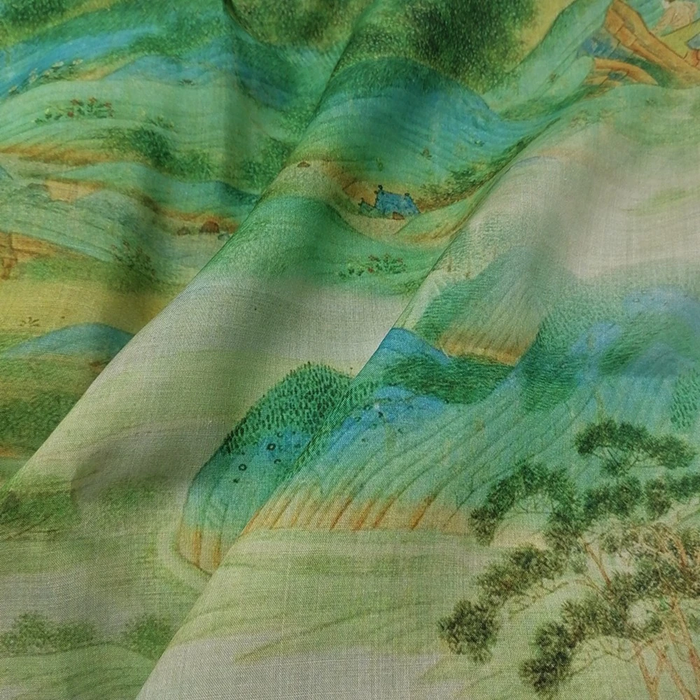 葱葱山林苎麻中国文艺风倒大袖旗袍高端数码印花夏季服装布面料