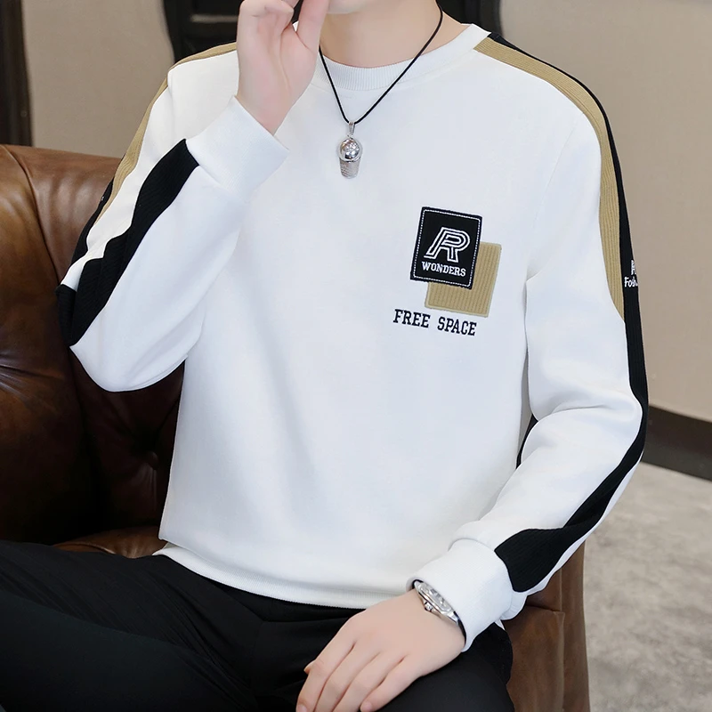 英格堡新款男刺绣休闲简约卫衣秋季时尚拼接潮流百搭长袖上衣1013