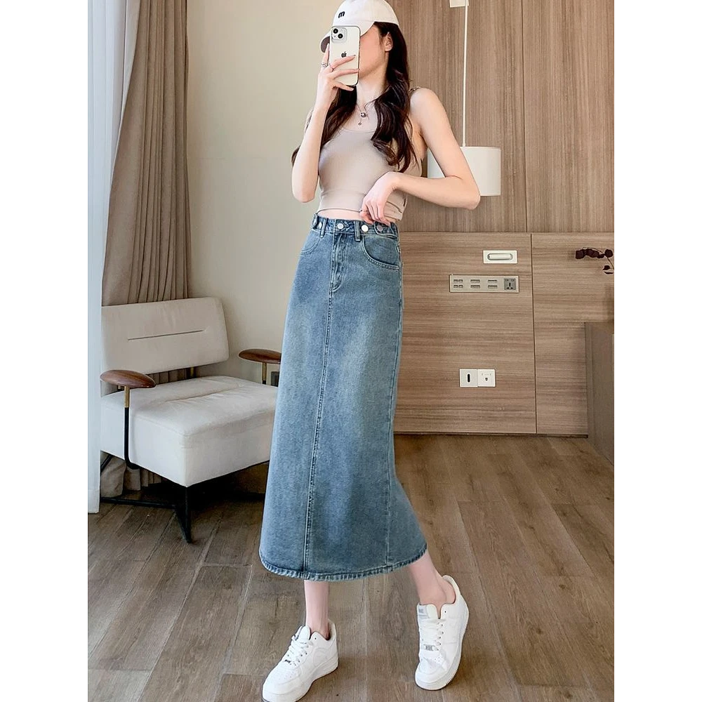 复古中长款牛仔裙半身裙女夏季新款小个子A字显瘦包臀开叉一步裙