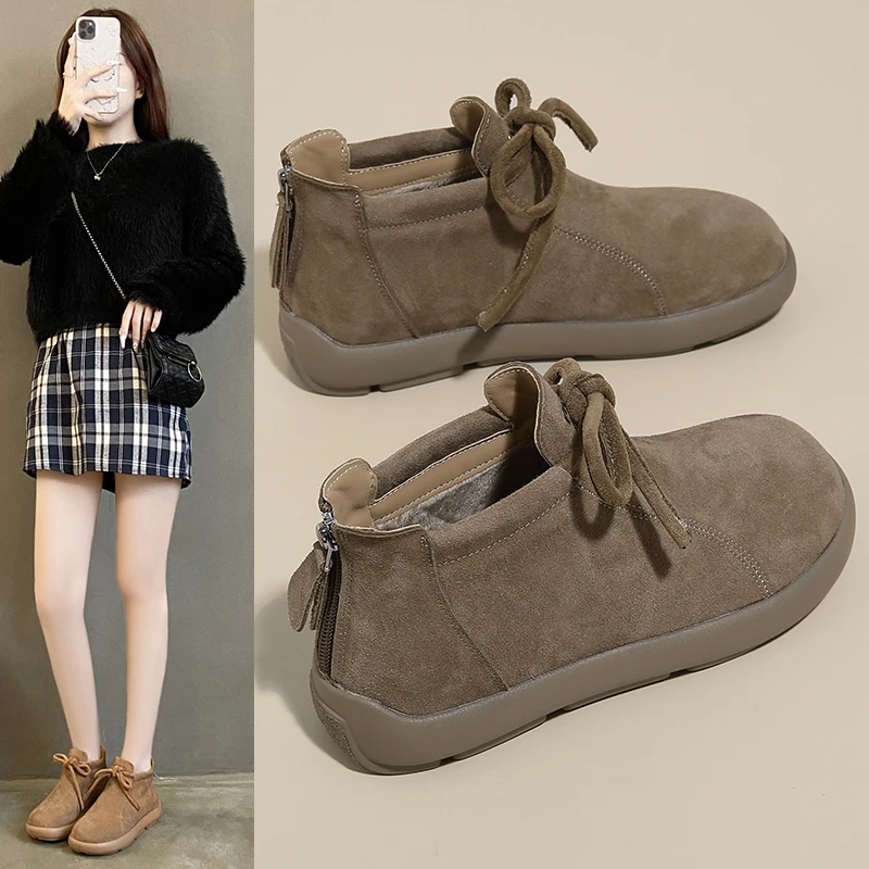 秋冬加绒真皮马丁靴女款配裙子2024新款翻毛皮平底娃娃头博肯短靴