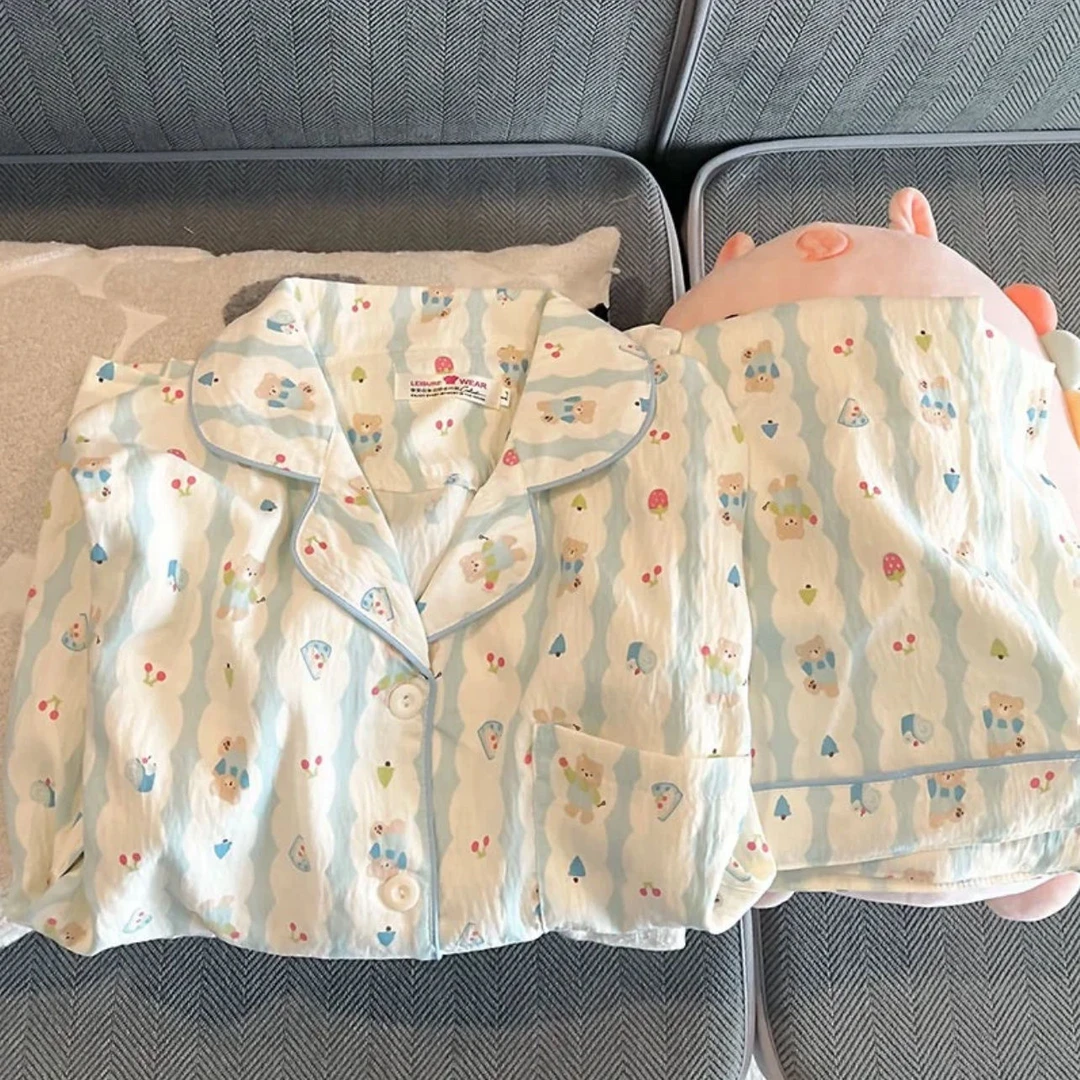 【拍一发三】可爱小熊短袖睡衣女夏卡通大码家居服开衫短裤短裤套装