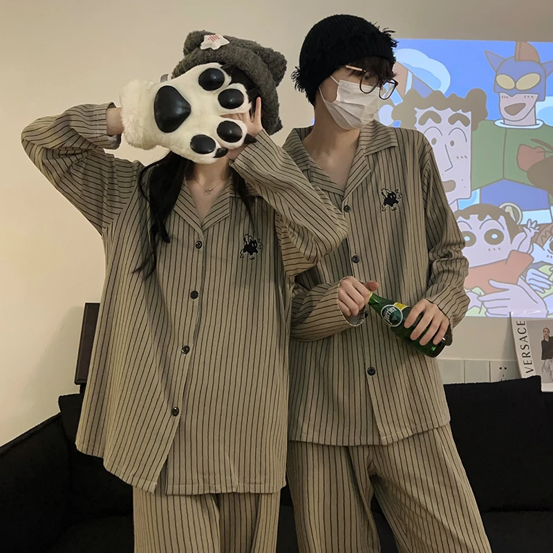 【美拉德小猫】卡通翻领睡衣情侣春秋季大码男士长袖套装家居服女款