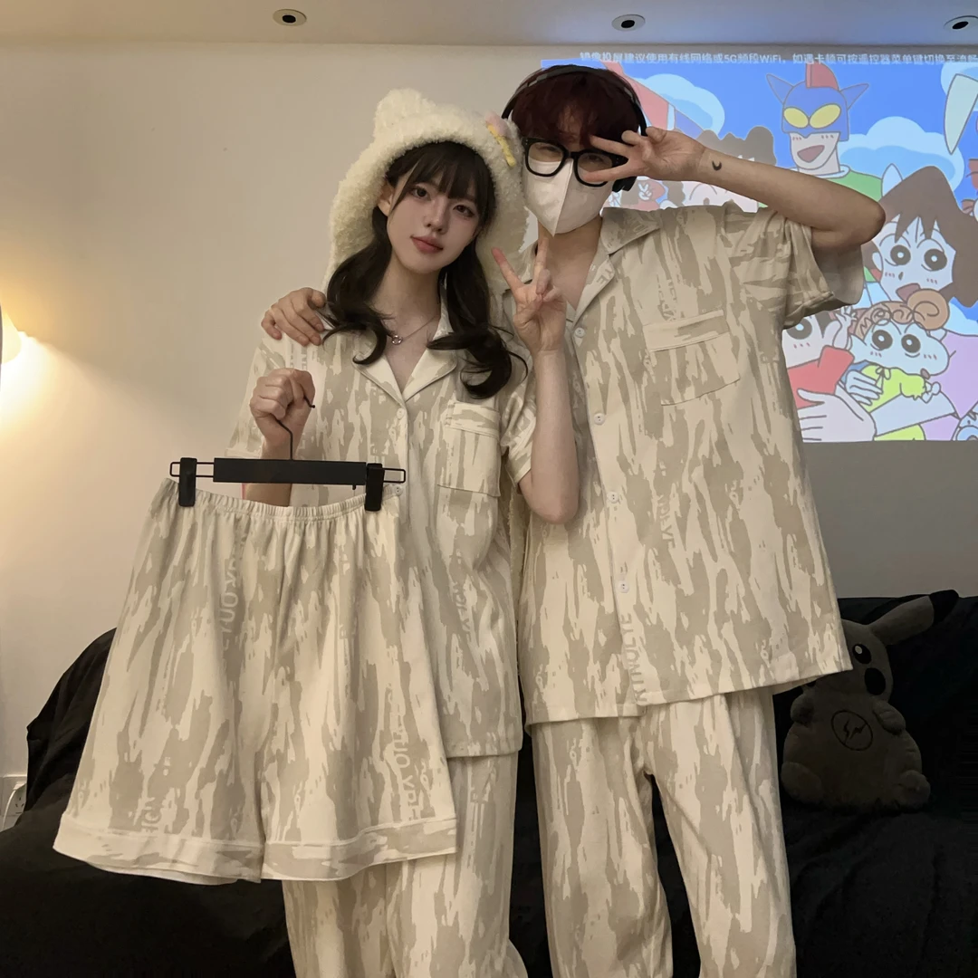 【典雅灰】情侣睡衣女夏季开衫简约风高级感男家居服三件套装青少年