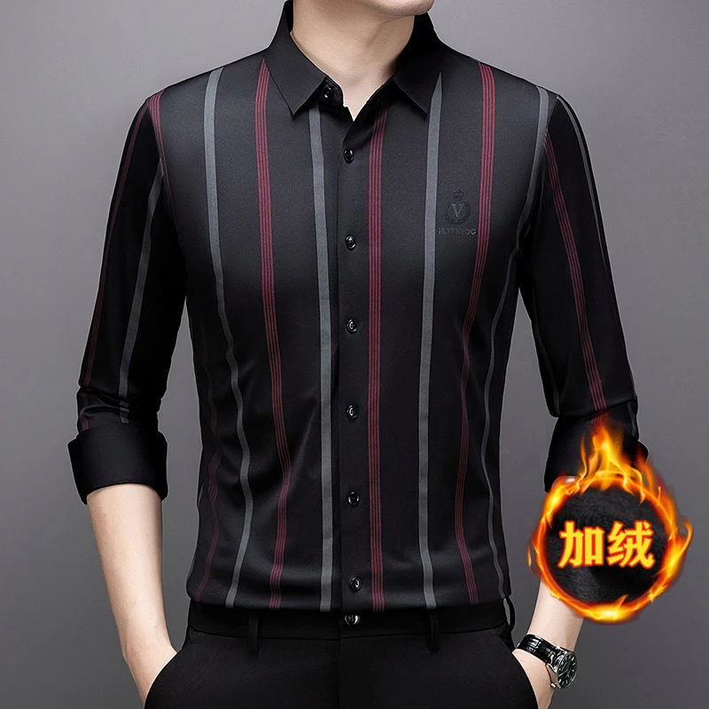 【专柜品质】冬季男士加绒无痕条纹衬衫 中年免烫商务休闲保暖衬衣
