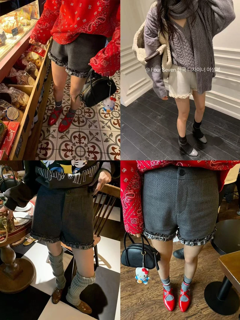 十三行冬季新款重工毛呢花边短裤#8077