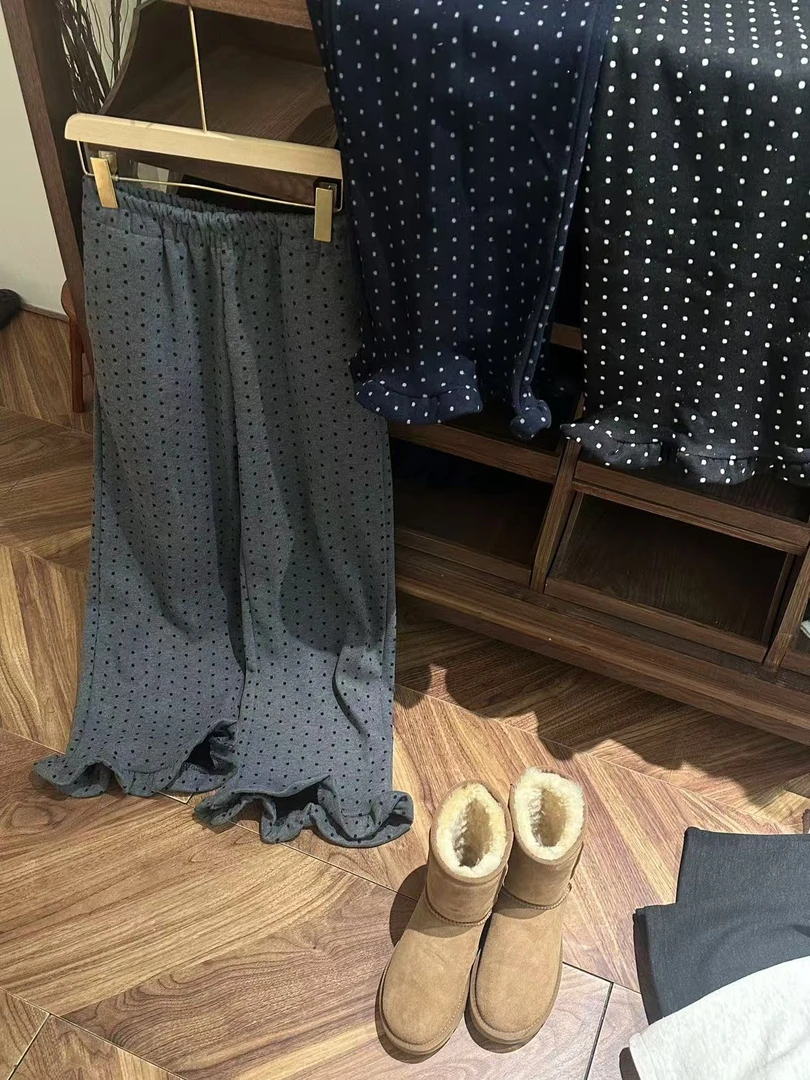 秋冬新款木耳花边波点直筒裤加绒裤#2981
