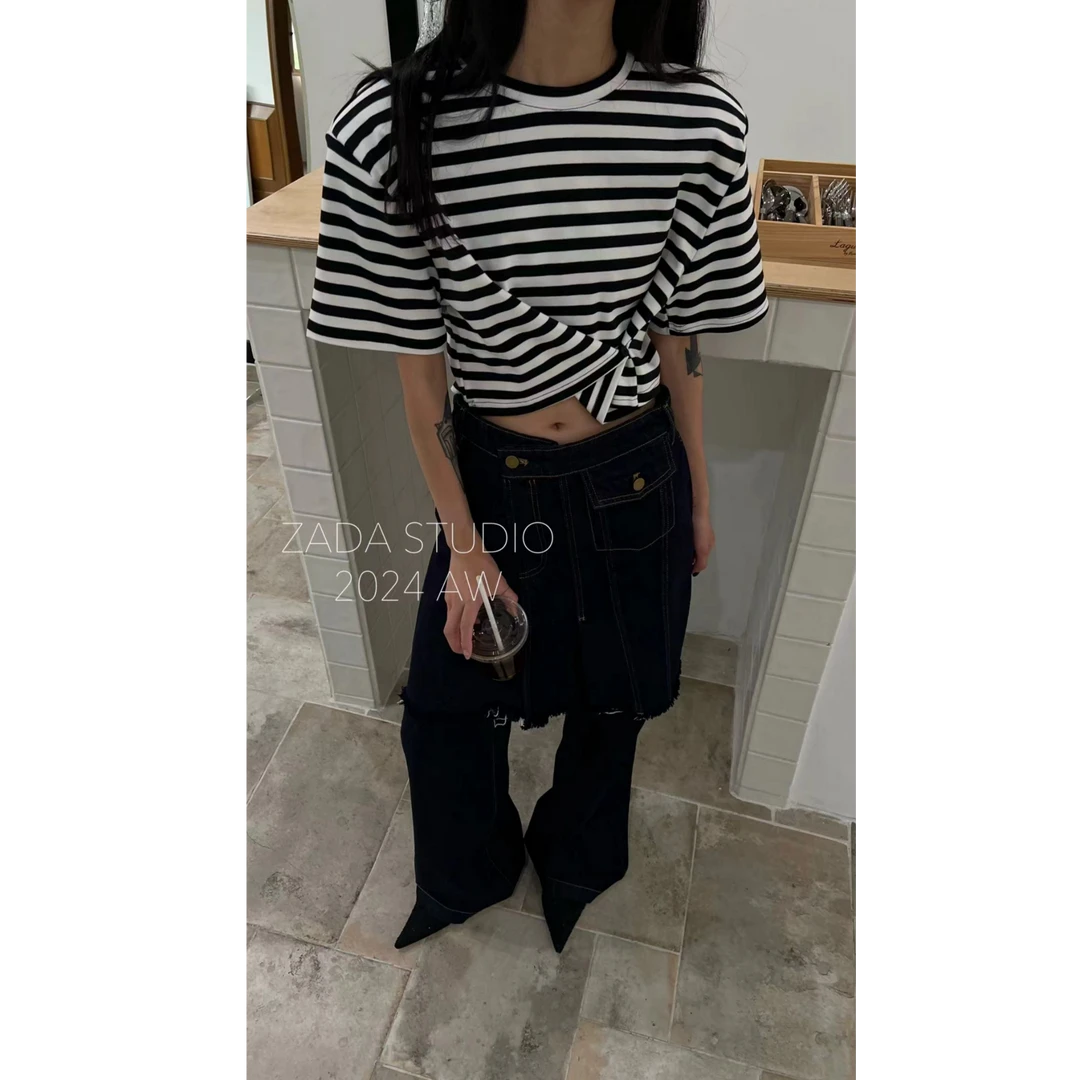 ZADA-早秋新款不规则斜扣条纹T恤#5729