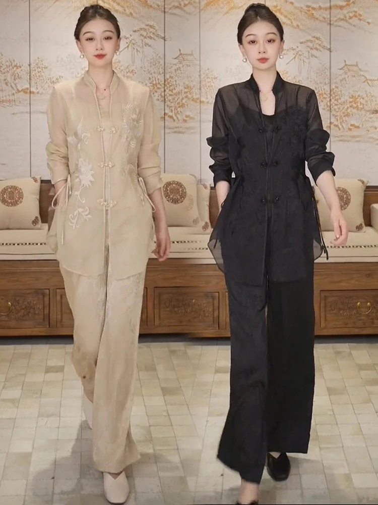 新中式时尚气质女24春季长袖系带中长款开衫吊带背心阔腿裤三件套