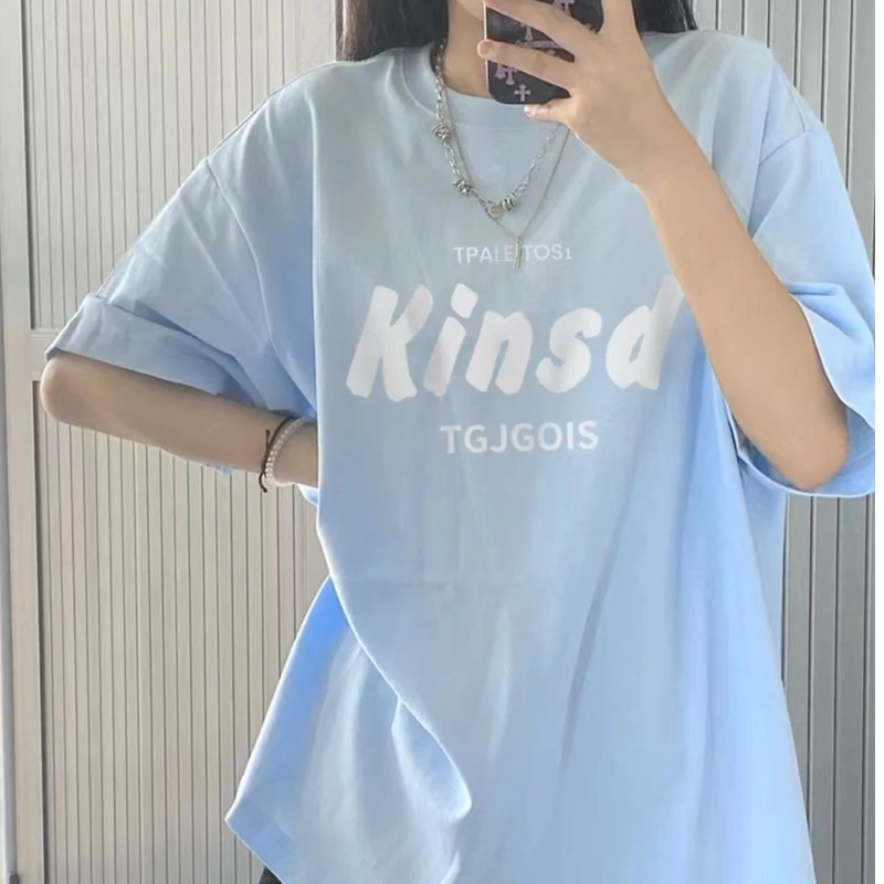 奶蓝色美式oversize短袖t恤女2023夏季纯棉宽松美式复古小众上衣