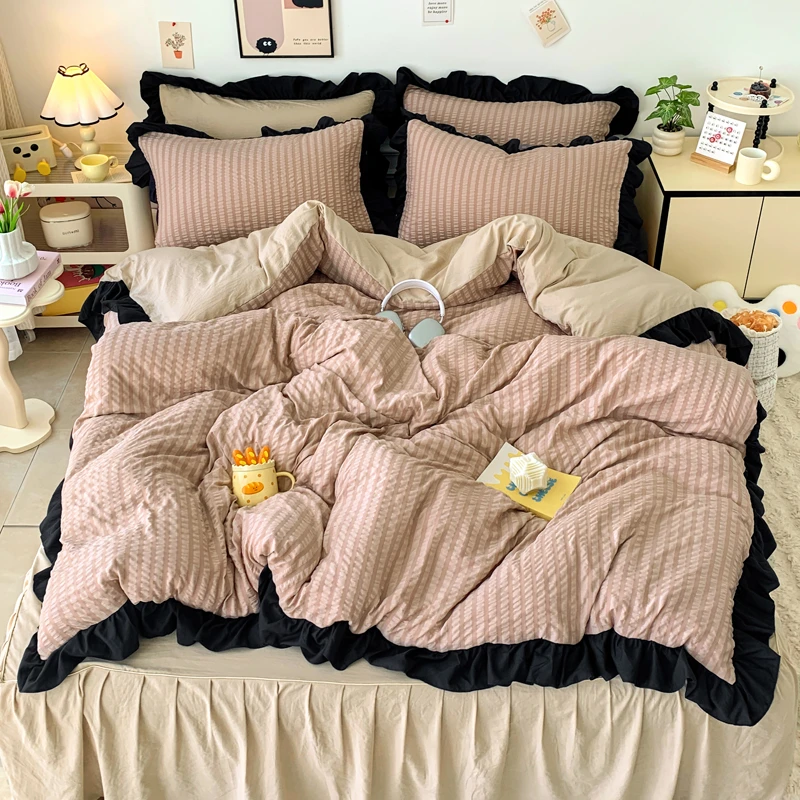 泡泡纱床上四件套2024新款非全棉纯棉被套床单宿舍床裙款三件套