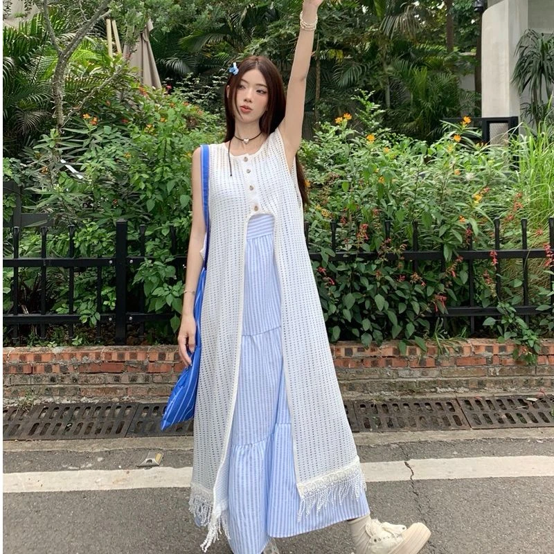 设计感蕾丝流苏针织连衣裙女夏季开叉镂空叠穿罩衫裙长裙L930