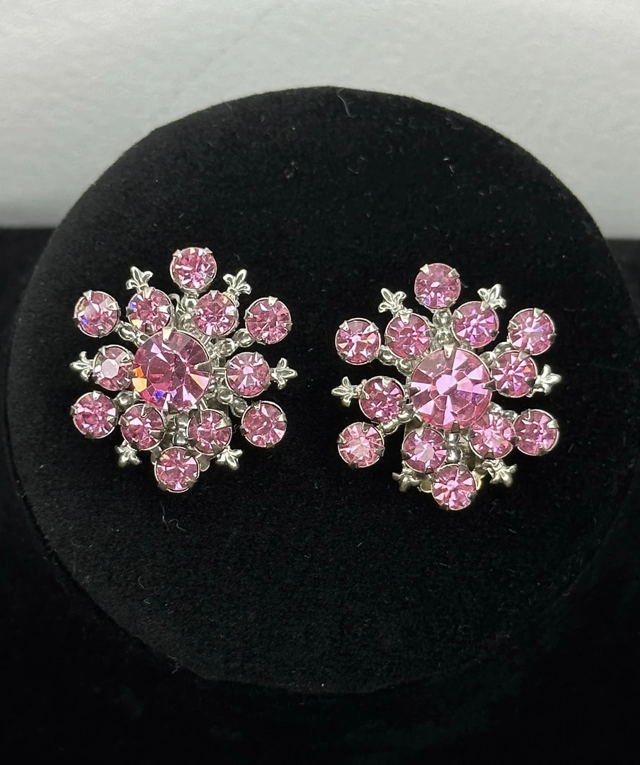 合金耳饰 Vintage玫粉莱茵水晶少立体雪花中古耳夹