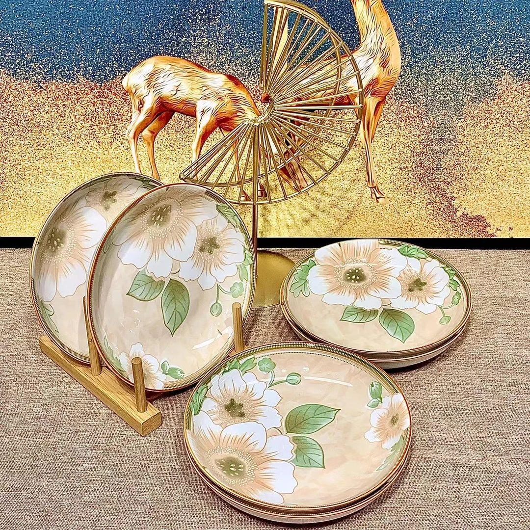 佳园瓷艺  山茶花陶瓷家用餐具6.25英寸盘子10个装