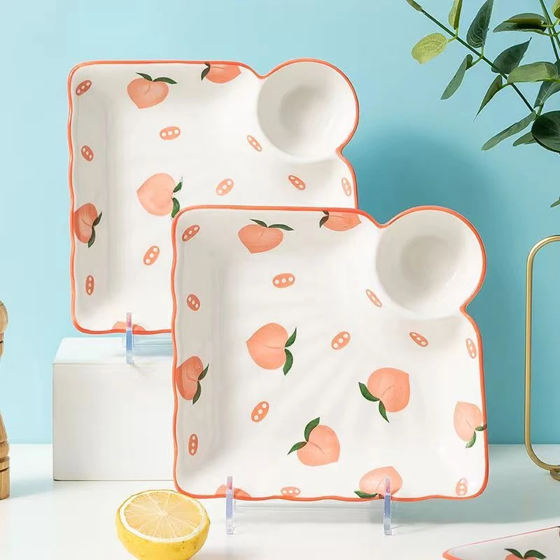 佳园瓷艺 水蜜桃家用陶瓷8英寸分格饺子盘2个装