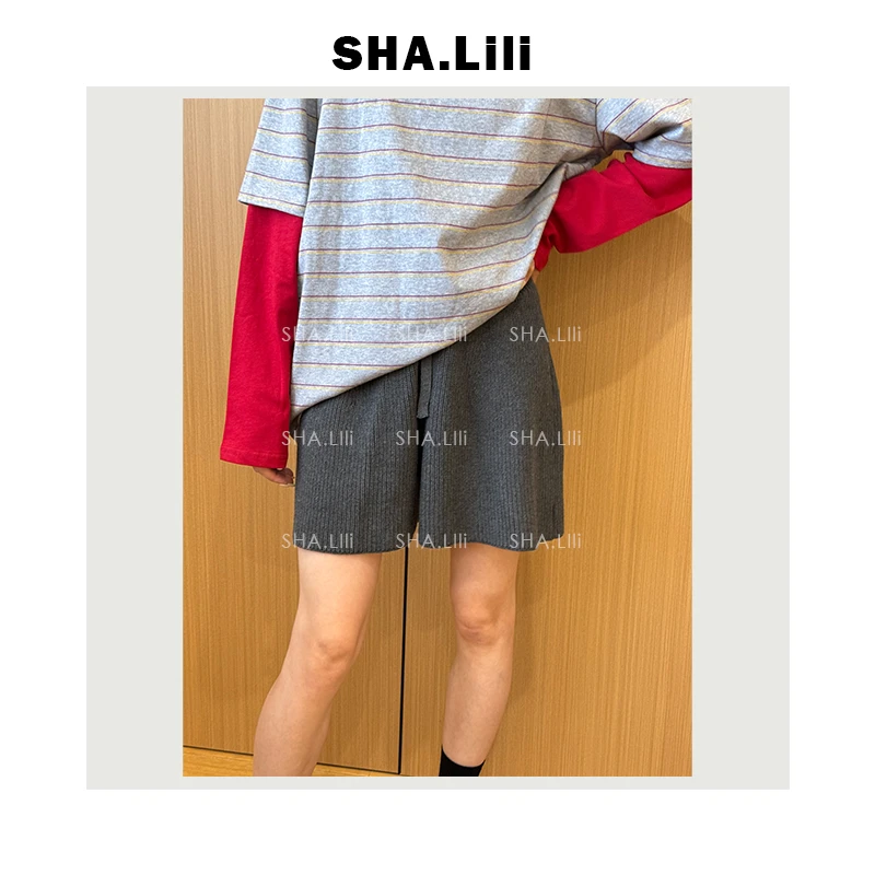 【TomoTo】 星月韩系小个子松紧腰抽绳高腰针织短裤 Q24K09031