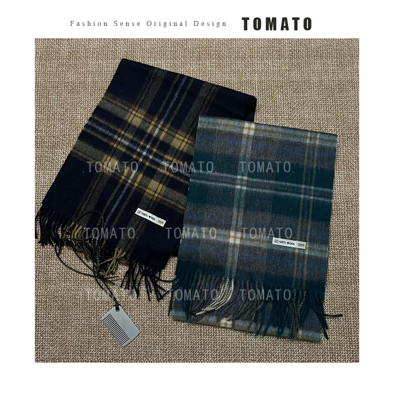 【TomoTo】高品质100%绵羊毛百搭经典格纹保暖围巾围脖 D24WJ10262