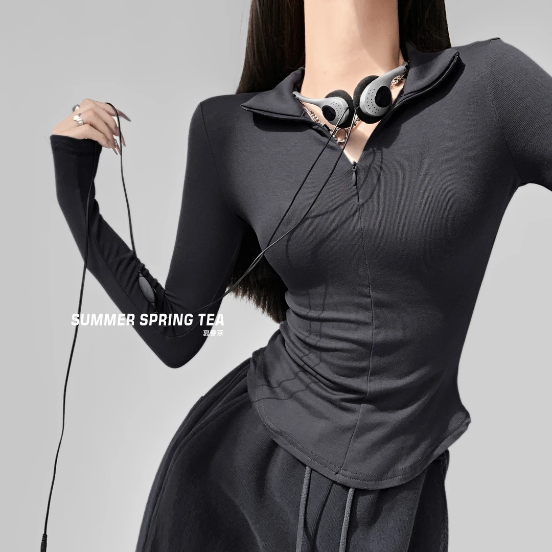 夏春茶春季新品欧美弹力紧身性感翻领长袖T恤薄绒纯欲内搭打底衫