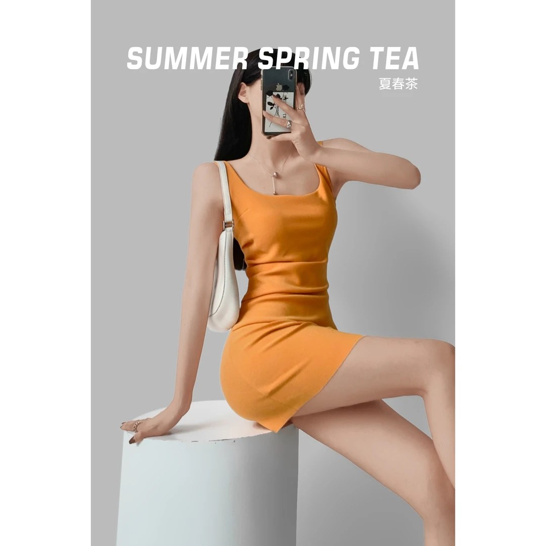 夏春茶2025夏辣妹无袖方领吊带褶皱修身包臀连衣裙高腰性感短裙