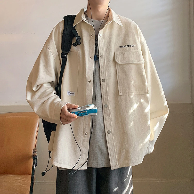高级感重磅长袖衬衫男士春秋季美式潮牌男生痞帅打底衬衣工装外套