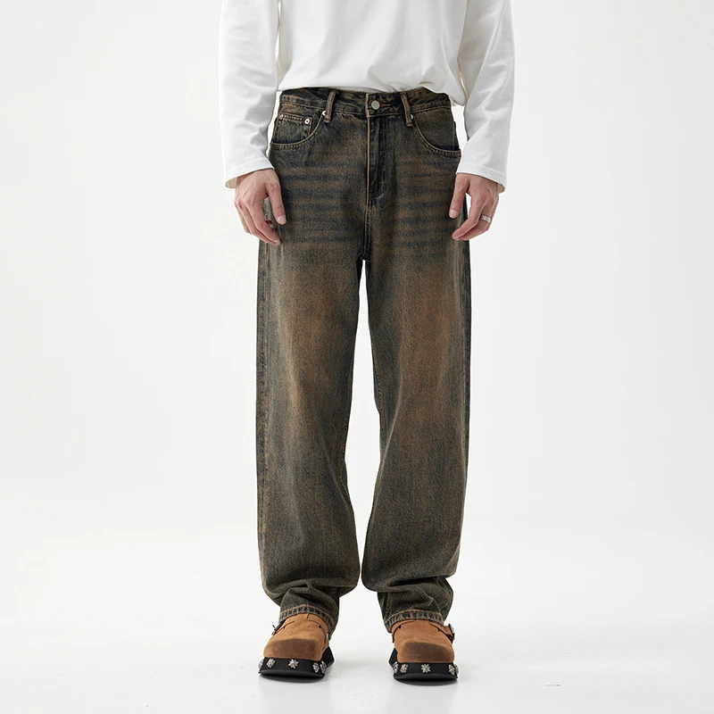 佐鸟大码潮牌复古日系美式直筒百搭垂感痞帅水洗黄泥色阔腿牛仔裤