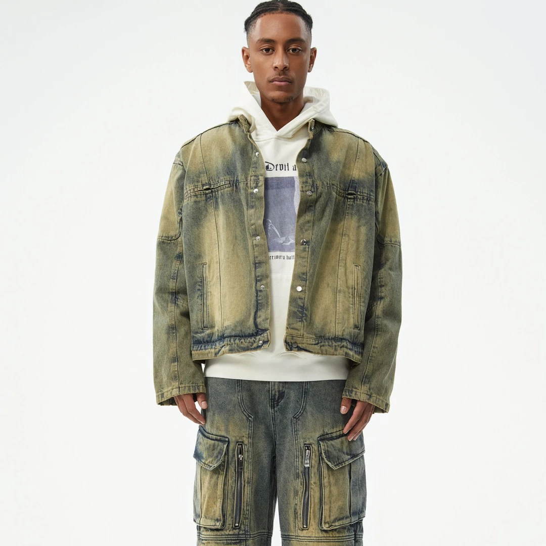 佐鸟设计男美式工装风牛仔阔腿宽松复古爆款绿松石时尚水洗牛仔裤