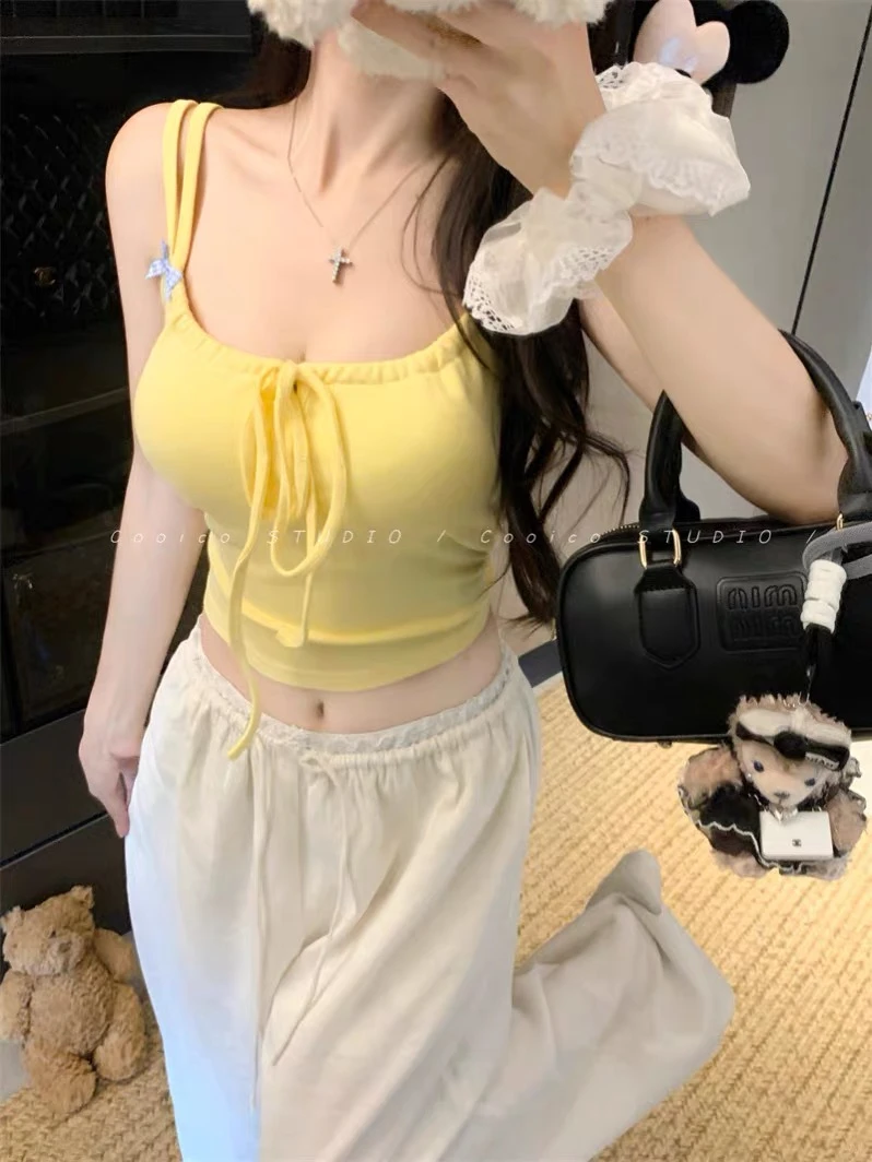 美式辣妹蝴蝶结带胸垫吊带背心女夏季遮肉别致小众美背爆款上衣