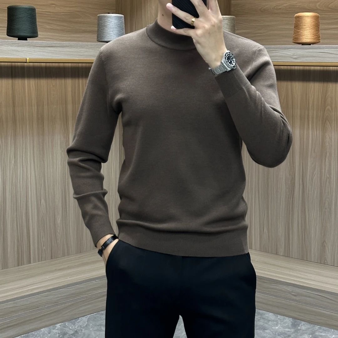 秋冬款男士长袖针织毛衣时尚简约轻奢百搭休闲修身半高领保暖打底