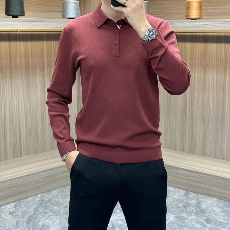 秋冬款男士长袖针织衫毛衣时尚简约商务休闲轻奢百搭修身翻领polo