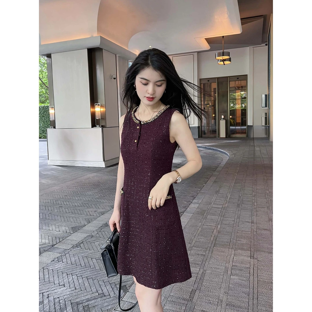 Y S Q 新款小香风富家千金轻奢高级无袖连衣裙