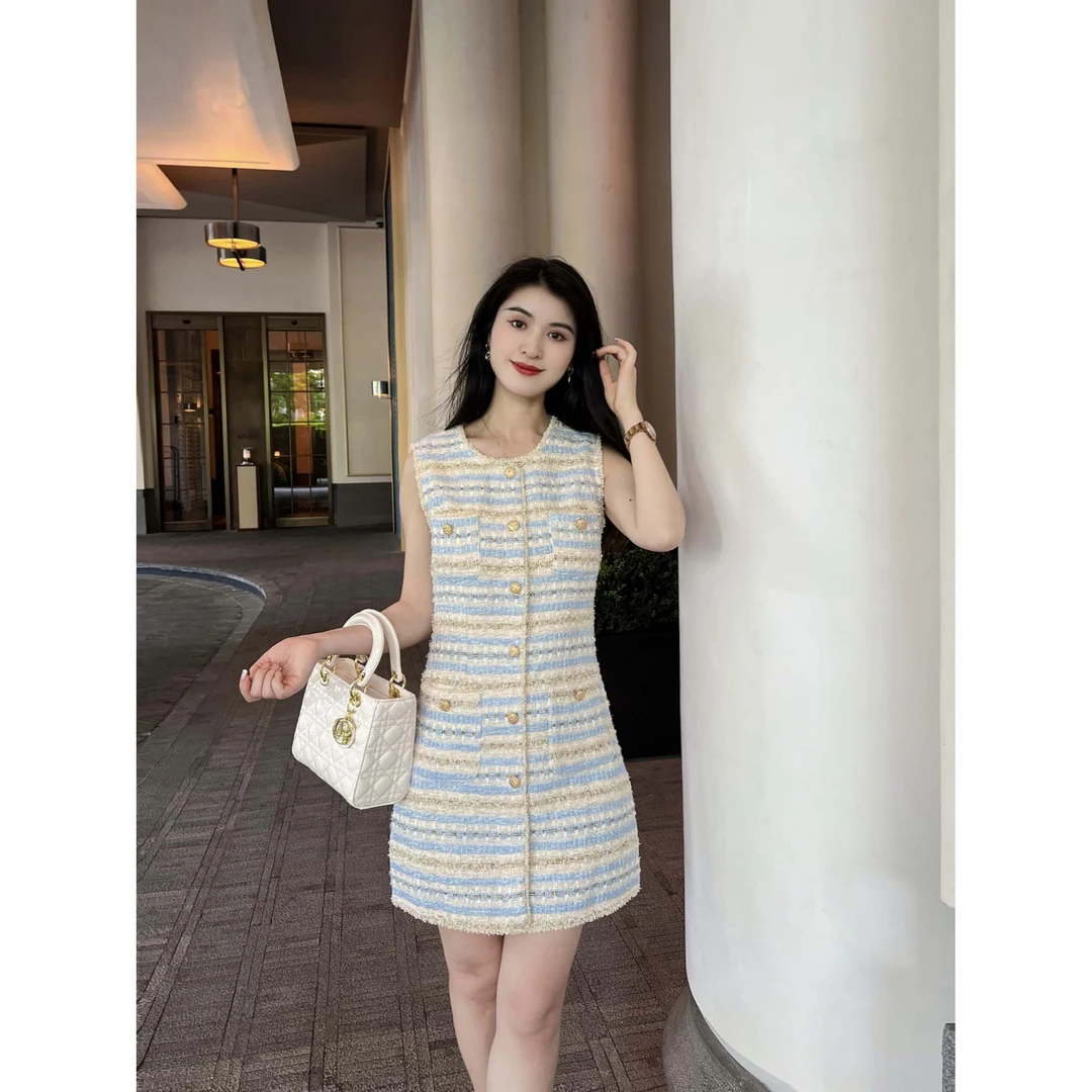 Y S Q 新款小香风撞色拼接条纹无袖连衣裙