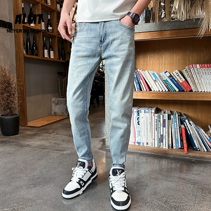 牛仔裤男士潮牌浅色夏季薄款新款美式休闲修身小脚九分直筒裤子潮