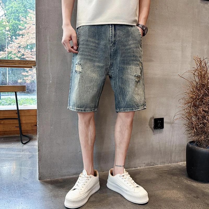 水洗破洞2025夏季牛仔短裤男士潮牌痞帅休闲薄款中裤直筒五分裤子