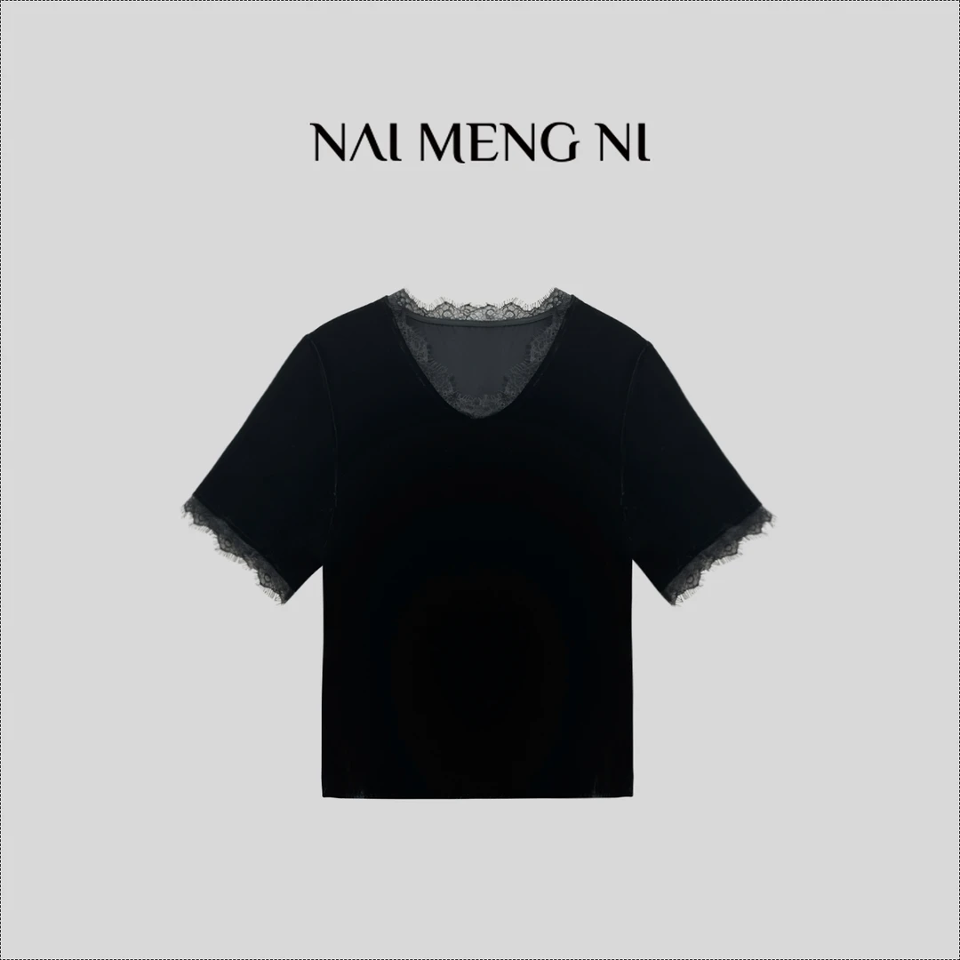 【火火】26N5878 黑色v领蕾丝拼接丝绒正肩辣妹设计感宽松上衣