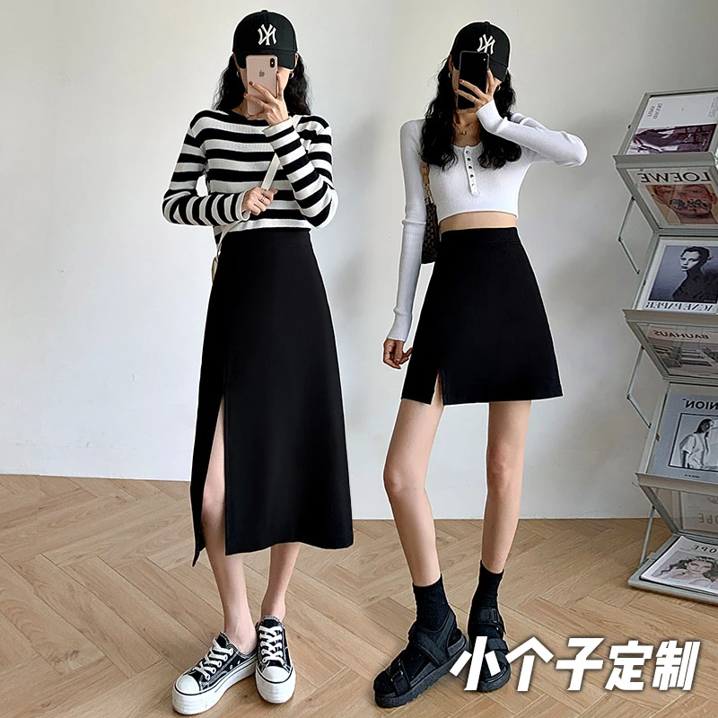 小黑裙包臀超短裙xs女小矮个子开叉直筒半身裙高腰a字中长裙秋冬