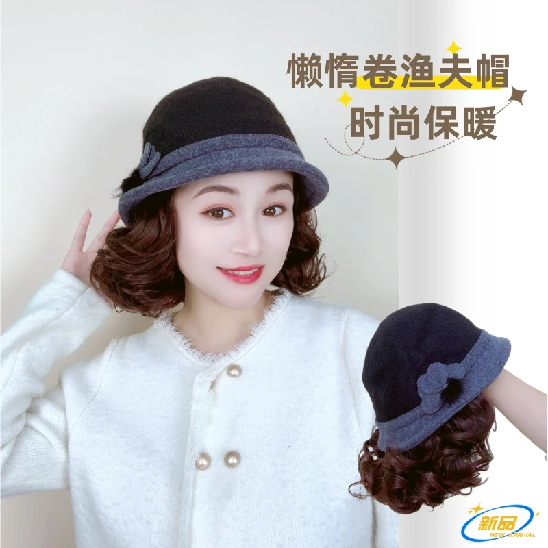 帽发一体黑色羊毛呢渔夫帽新款慵懒卷假发女时尚帽子帽子带有假发
