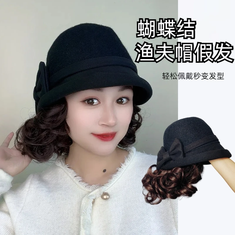 冬季上新黑色蝴蝶结渔夫帽慵懒卷假发女时尚帽子假发一体 套装