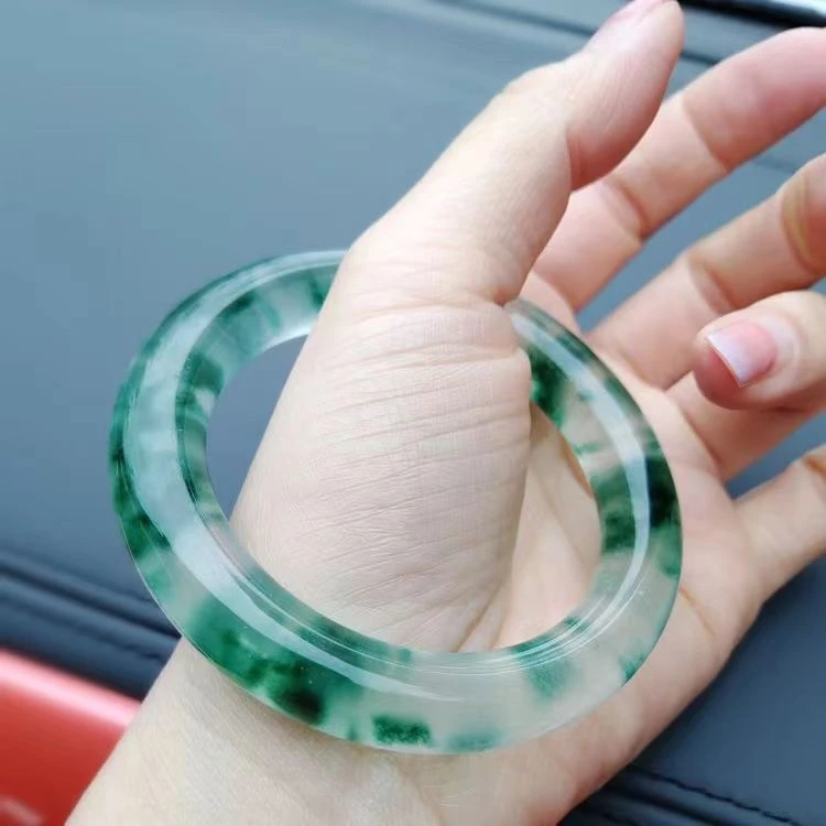 时尚百搭精美冰透飘花翠色少女女士手镯正圈女贵妃飘绿玉镯