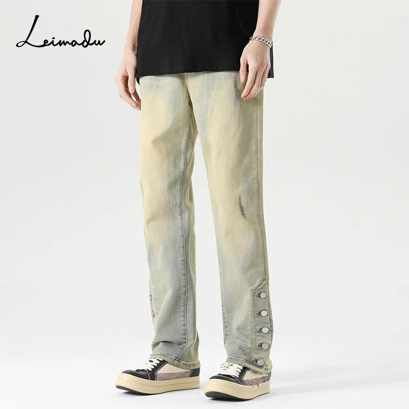 美式复古水洗裤脚纽扣设计牛仔裤男弹力宽松直筒长裤潮流高街裤子
