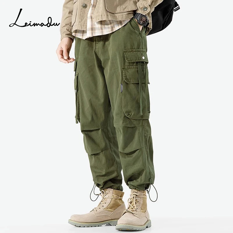 军绿色多口袋工装裤男春夏百搭美式潮牌抽绳束脚裤子休闲宽松裤子