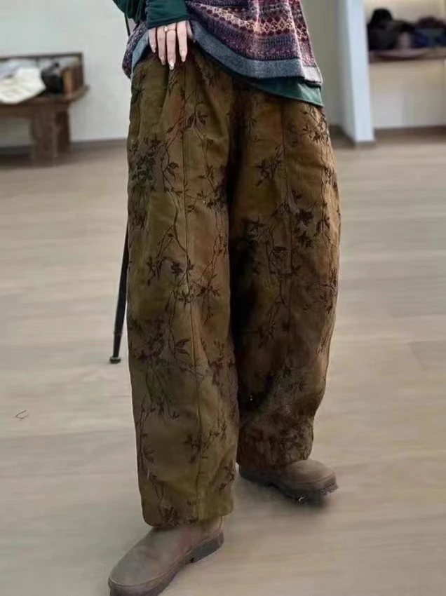 衣牧了然新款复古文艺民族风双面提花混纺麻休闲裤