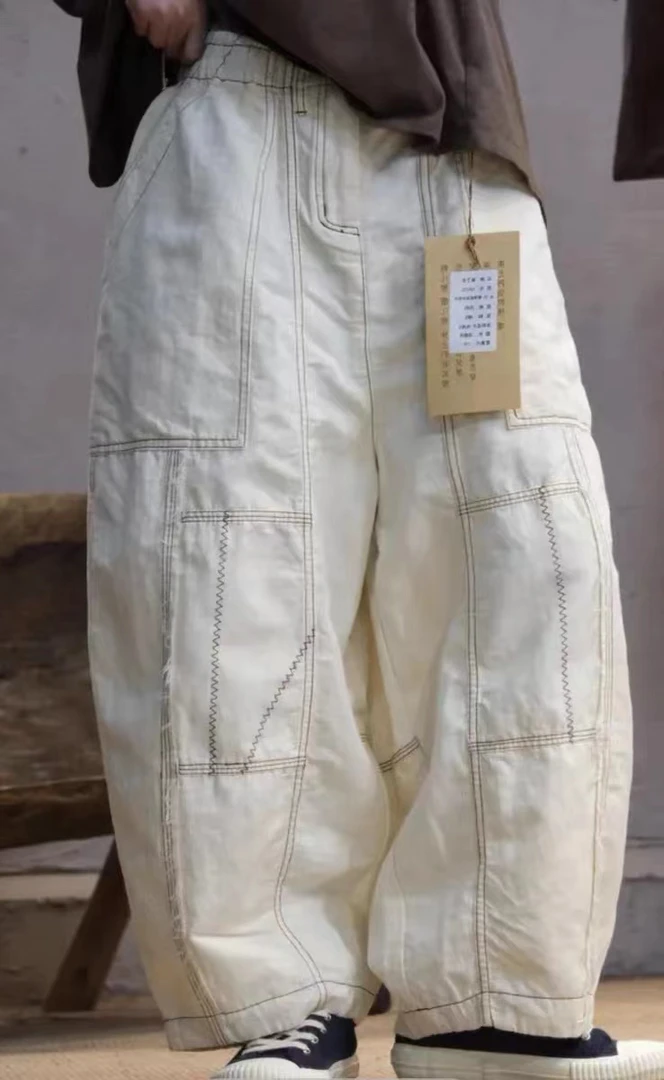 忆古朴拙春季薄款宽松纯色做旧亚麻混纺三角针毛边休闲裤