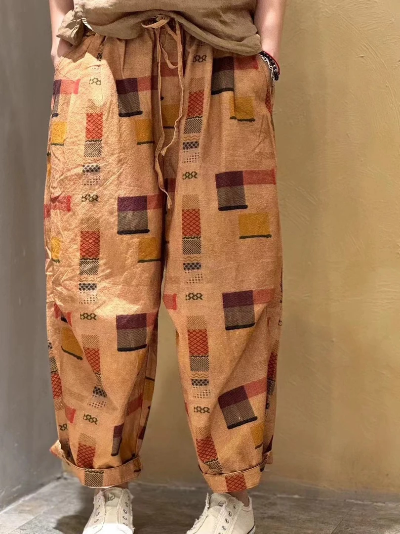 忆古朴拙夏季百搭休闲复古亚麻印花抽绳休闲裤